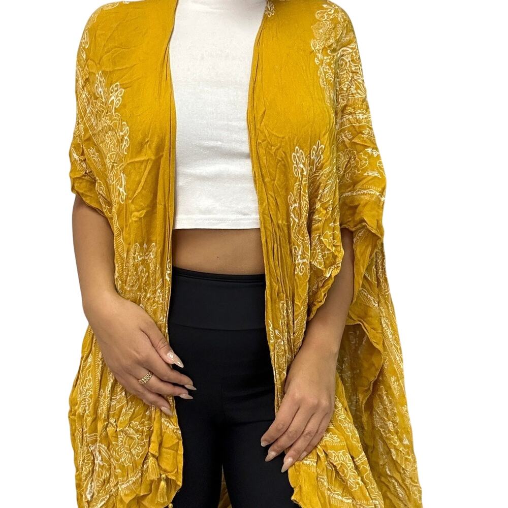 Yellow Flowy Kimono Cardigan Lightweight Boho Duster Cover-up Large